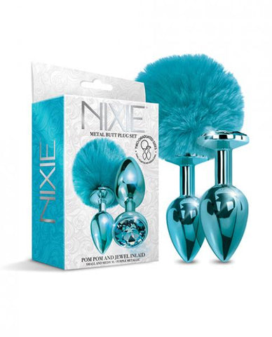 Nixie Metal Butt Plug Set Pom Pom And Jewel-inlaid Metallic Blue