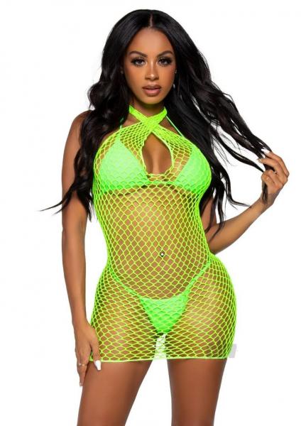 Woven Net Twist Halter Mini Dress Os Grn