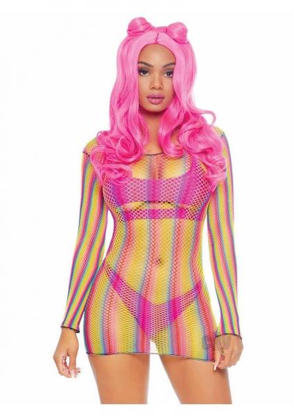 Rainbow Fishnet Sleeve Mini Dress Os