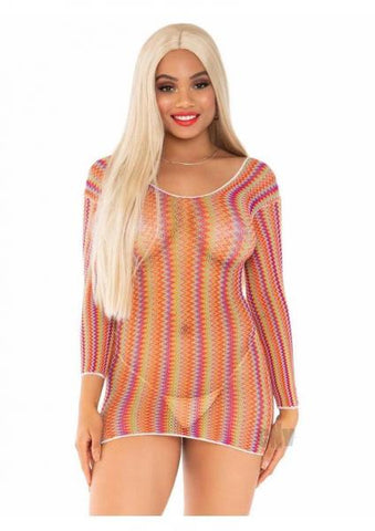 Zig Zag Rainbow Net Sleeve Mini Dress Os