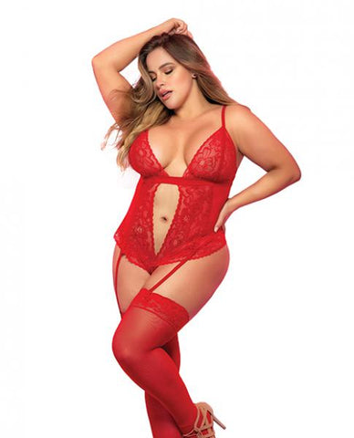 Lace & Mesh Teddy W/hook & Eye Crotch Closure W/attached Garter Straps Red 2x/3x