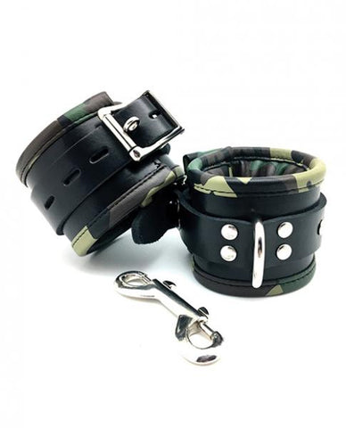 Sensual Sin Leather Padded Wrist Cuffs Camo Piping