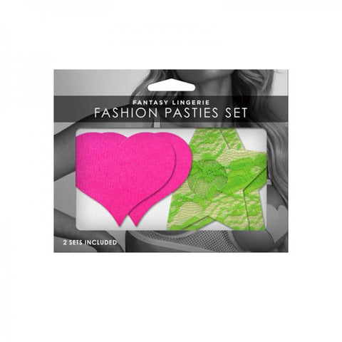 Neon Pasties 2-pack Neon Pink Solid Heart Neon Green Lace Star