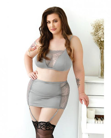 Curve Layne Lace Panel Bralette, Matching Gartered Skirt & G-string Panty 1x/2x Gray