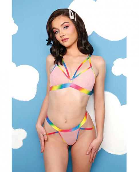 Vibes Make It Rain Caged Bralette & Panty W/booty Rainbow L/xl