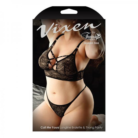 Vixen Call Me Yours Longline Bralette With Grommets & Thong Panty Black Queen