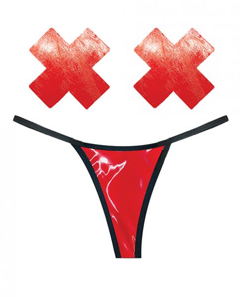 Neva Nude Naughty Knix Vixen Wet Vinyl G-string & Pasties - Red O/s