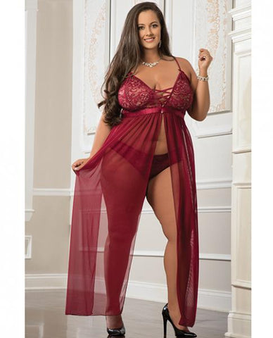 Empire Waist Laced Sheer Long Dress & Panty Mulled Wine Qn