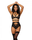 Stretch Lace W/satin Elastic Bra, Garter Belt & G-string Panty Black Xxl