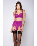 Soft Lace Bra, High Waist Satin & Mesh Garterbelt & G-string Fuchsia Xl