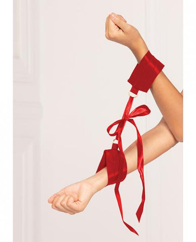 Satin Elastic Cuffs D-ring & Satin Ribbon Tie Red O/s