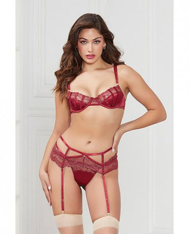 Stretch Satin & Lace Balconette Cup & Garter Panty Wine Xl