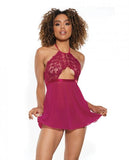 Scallop Stretch Lace & Sheer Mesh Halter Babydoll & Adjustable Thong Raspberry O/s