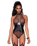 Fishnet Halter Teddy W/ Faux Leather Corset Black O/s