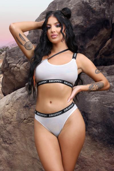 Fantasy Lingerie Vibes Drippin' Iridescent Strappy One-shoulder Top & Cheeky Panty Pearl White L/xl