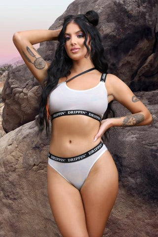 Fantasy Lingerie Vibes Drippin' Iridescent Strappy One-shoulder Top & Cheeky Panty Pearl White L/xl