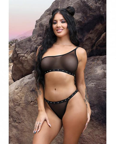 Fantasy Lingerie Vibes Bad Bitch One-shoulder Bling Bralette & Bikini Panty Black S/m