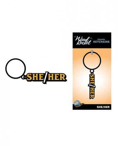 Wood Rocket She/her Keychain - Black/gold