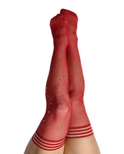 Kixies Red Fishnet Rhinestone Thigh High Size C