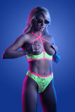 Fantasy Lingerie Glow Persuasive Contrast Elastic Open Cup Lace Cage Bra & Panty Neon Green L/xl