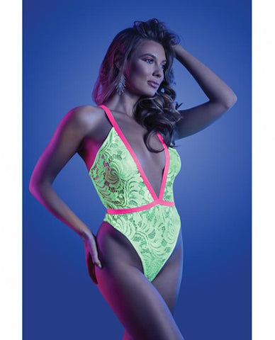 Fantasy Lingerie Glow Spotlight Contrast Elastic Lace Teddy With Snap Closure Neon Green L/xl