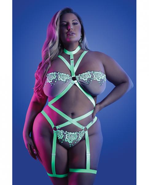 Fantasy Lingerie Glow Night Vision Glow-in-the-dark Lace Strappy Teddy White Queen Size