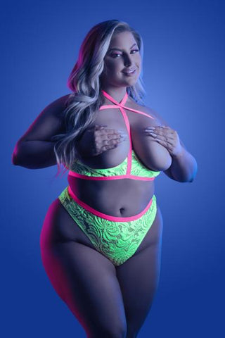 Fantasy Lingerie Glow Persuasive Contrast Elastic Open Cup Lace Cage Bra & Panty Neon Green Queen Si