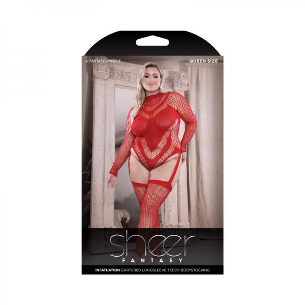 Fantasy Lingerie Sheer Infatuation Open Back Longsleeve Teddy Bodystocking Red Queen Size