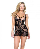 Femme Fatale Scalloped Eyelash Lace & Mesh  Chemise & Thong Black Xl