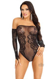 Rhinestone Net Off Shoulder Teddy Os Blk