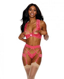 Lace Underwire Peek A Boo Bra, Garterbelt & G-string Coral Xxl