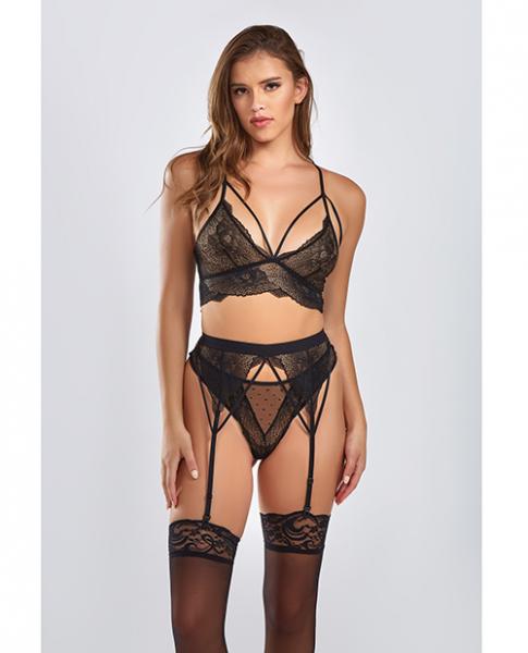 Everly Dot Mesh & Galloon Lace Strappy Bra, Garterbelt & Hipster Panty Black Sm