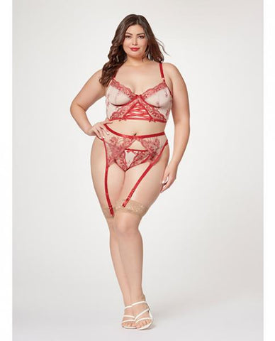 Sheer Stretch Mesh W/floral Contrast Embroidery Bustier, Garter Belt & Thong Red/nude 1x/2x