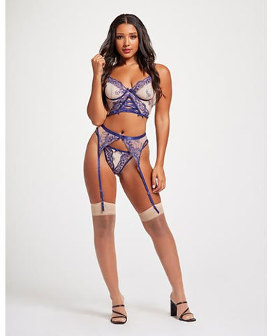 Sheer Stretch Mesh W/floral Contrast Embroidery Bustier, Garter Belt & Thong Blue/nude Md