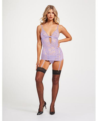 Lace & Mesh Triangle Cup Chemise W/garters & Thong Lavender Lg