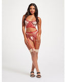 Sheer Stretch Mesh W/floral Contrast Embroidery Bustier, Garter Belt & Thong Red/nude Sm