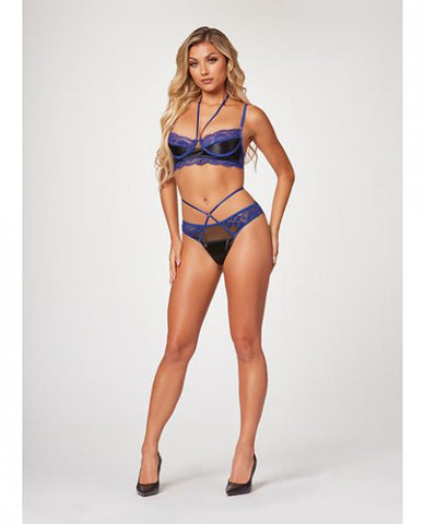 Stretch Satin & Eyelash Lace Demi Cup Bra & Panty Black/blue Xl