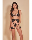 All Eyes On Me Eyelash Lace Bralette, Garterbelt & Strappy G-string Black Lg