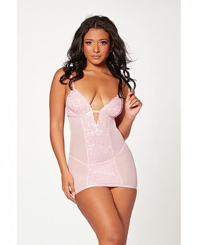 Floral Mesh Chemise & G-string Pink Md