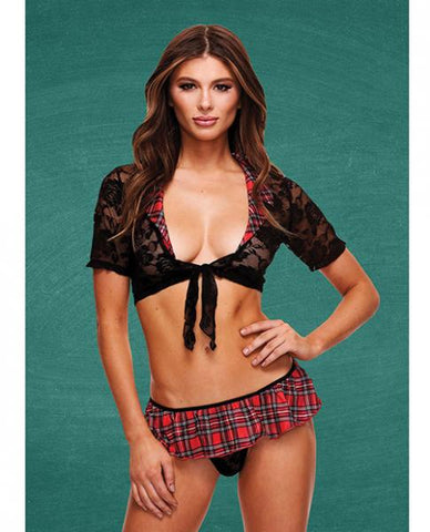 Teacher's Pet Schoolgirl Lace Top, Tie & Skirt Black/red S/m