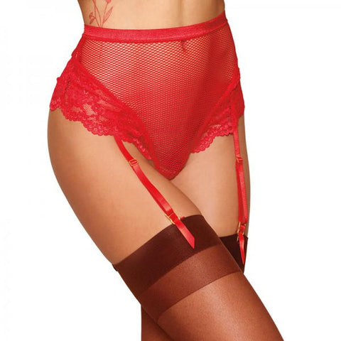 Dreamgirl High-waisted Fishnet And Lace Garter Thong With Satin Ribbon Back Tie Ruby M