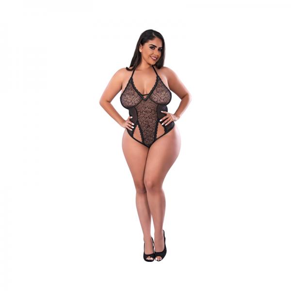 Magic Silk Soft Petals Cut Out Teddy With Snap Crotch Black Queen Size
