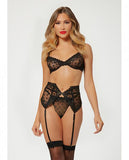 Valentines Heart Embroidered Mesh Bra, Waspie & Panty Black Xl