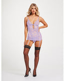 Lace & Mesh Triangle Cup Chemise W/garters & Thong Lavender Md