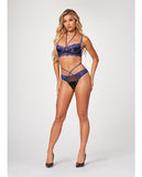 Stretch Satin & Eyelash Lace Demi Cup Bra & Panty Black/blue Sm