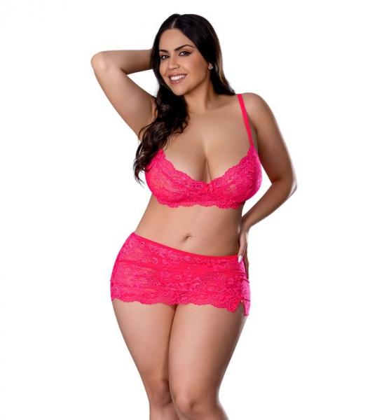Get It Girl Lace Bra W/skirt & Thong - Pink Qn