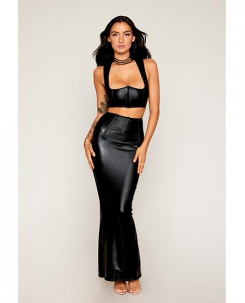 Stretch Faux Leather Harness Bra & Long Slip Skirt - Black Md