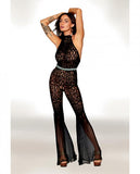 Seamless Crochet Lace Bodystocking W/fishnet Bellbottoms - Black O/s