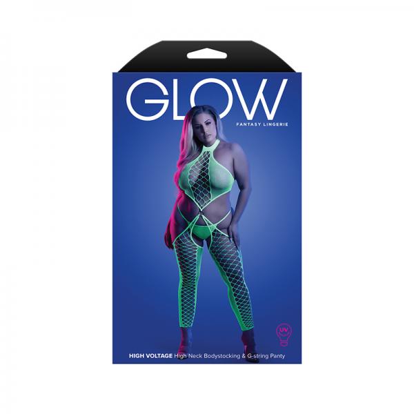 Fantasy Lingerie Glow High Voltage Uv Reactive High Neck Bodystocking & G-string Panty Queen Size