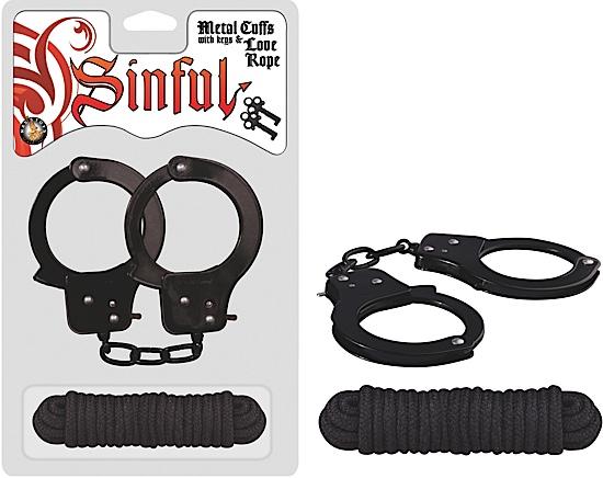 Sinful Cuffs W/Keys &Love Rope (Black)